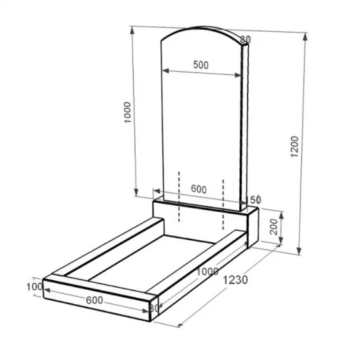 Розміри Гранітна плита на могилу у формі дуги одинарна із чорного граніту Коростишів з дугою різьблена к2-kor-npf-100-50-08-009