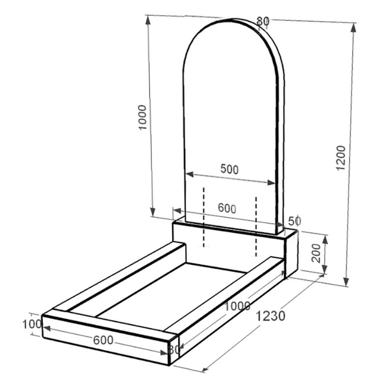 Розміри Надгробок із граніту середнього розміру одинарний із чорного граніту Коростишів з полукруглою стелою к2-kor-pf-100-50-08-006
