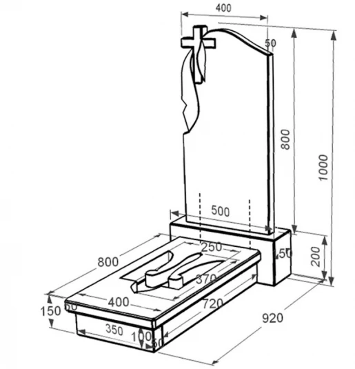 Размеры Гранитный памятник с Трезубом вырезанным одинарный из черного гранита Коростышев к8-kor-pf-80-40-08-142