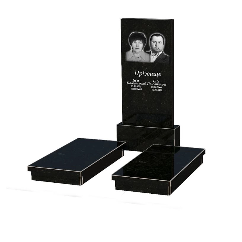 Основне Подвійний гранітний пам'ятник із чорного граніту Коростишів без різьблених робіт к19-kor-npf-120-60-08-001