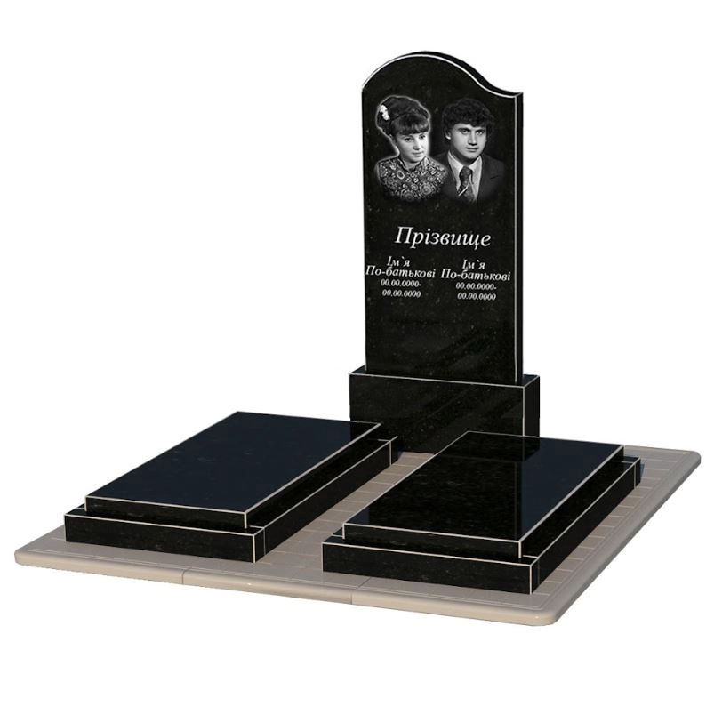 Основне Гранітний пам'ятник з протиусадковою плитою подвійний із чорного граніту Коростишів з хвилею різьблений к21-kor-npf-120-60-08-011-l-pbd3