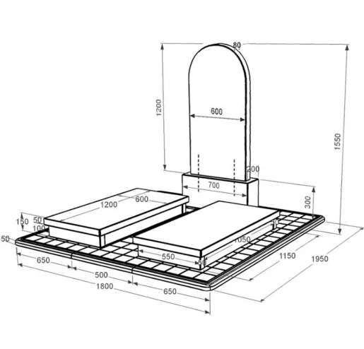 Розміри Гранітний камінь на могилу з гробницею подвійний із чорного граніту Коростишів з полукруглою стелою к19-kor-pf-120-60-08-006-pbd3