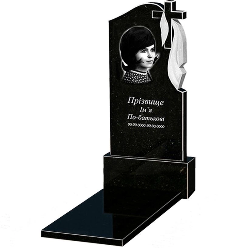 Основне Гранітний пам'ятник на могилу стела 120х60 см одинарний із чорного граніту Коростишів з хрестом та плащаницею різьблений к7-kor-npf-120-60-08-142-r