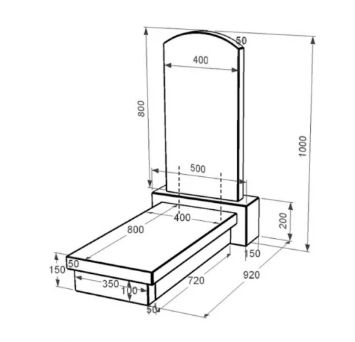 Розміри Пам'ятник із граніту поліровані фаски одинарний із чорного граніту Коростишів з дугою різьблений к10-kor-pf-80-40-05-009