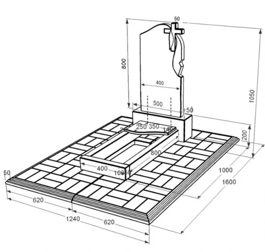 Размеры Гранитный памятник маленький одинарный из черного гранита Коростышев с волной резной к4-kor-pf-80-40-05-142-r-pbd1
