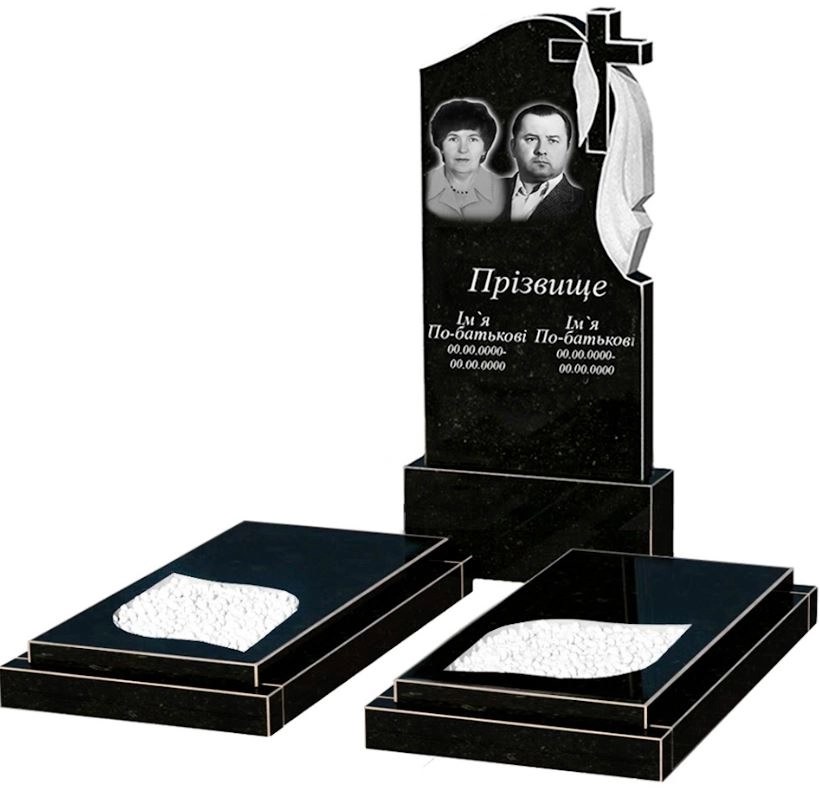 Основное Памятник из гранита высотой 150 см двойной из черного гранита Коростышев с листом резная работа к22-kor-npf-120-60-08-142-r