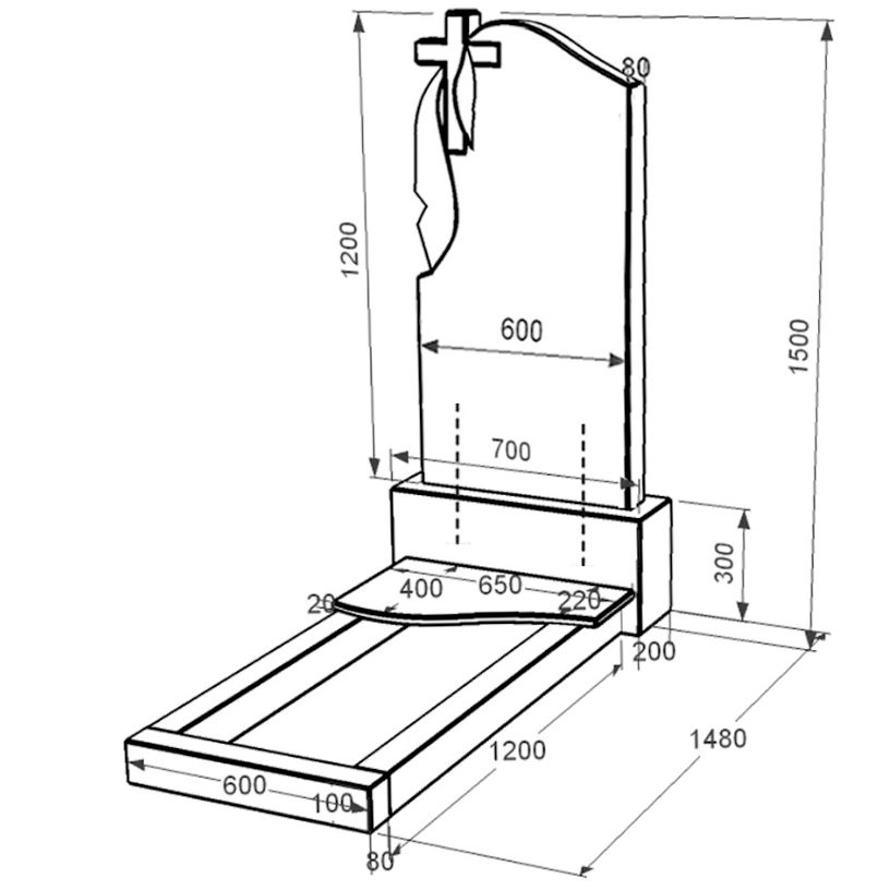 Розміри Гранітний пам'ятник із чорного граніту Коростишів одинарний з хвилею різьблений к3-kor-npf-120-60-08-142