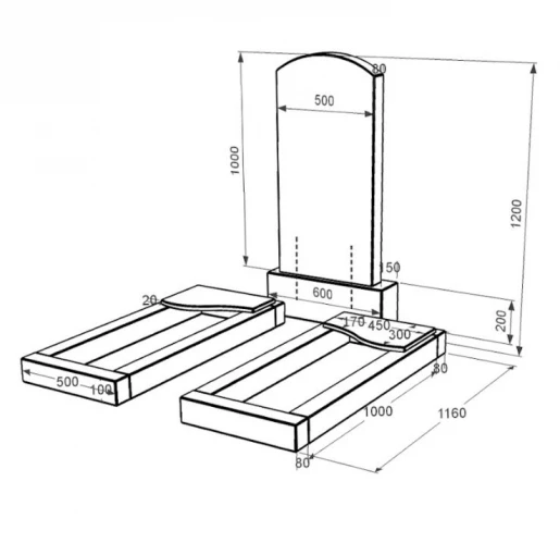 Розміри Гранітний пам'ятник на кладовище з полірованими фасками подвійний із чорного граніту Коростишів з хвилею різьблений к16-kor-pf-100-50-08-009