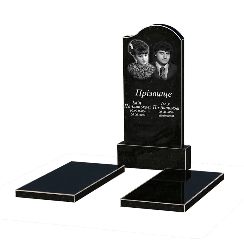 Основне Гранітний пам'ятник з 2 надгробками подвійний із чорного граніту Коростишів з хвилею різьблений к17-kor-npf-100-50-08-011-r
