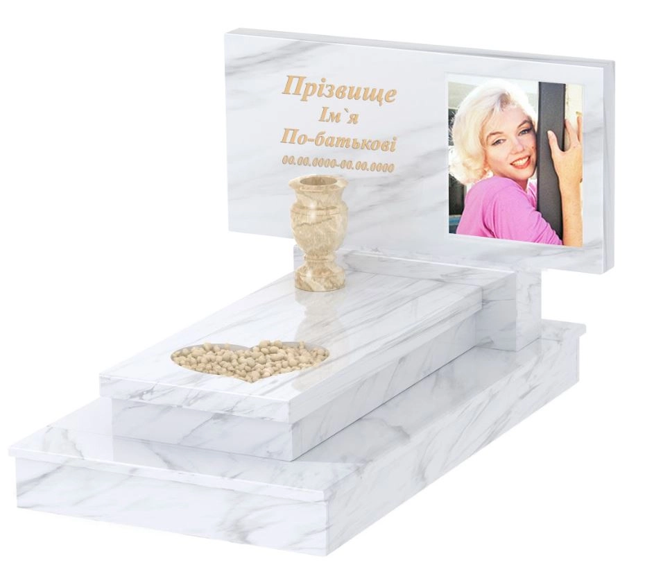 Основне Мармуровий пам'ятник з гробницею одинарний з білого мармуру Волокас з серцем різьблена робота к11-vol-pf-50-100-08-001-ck