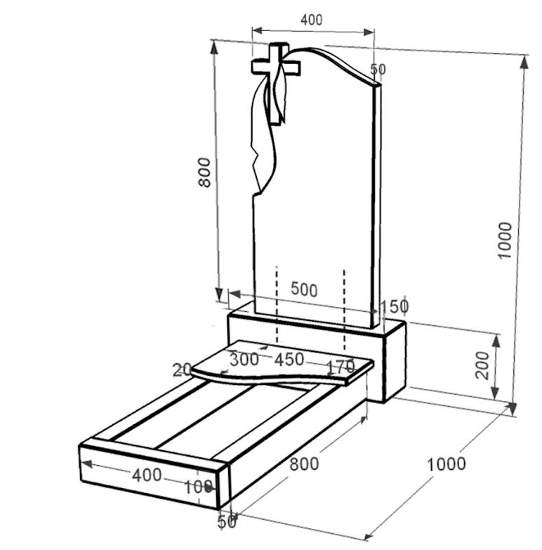 Размеры Гранитный памятник на кладбище стела 80x40 см одинарный из черного гранита Коростышев с волной резной к3-kor-pf-80-40-05-142-l