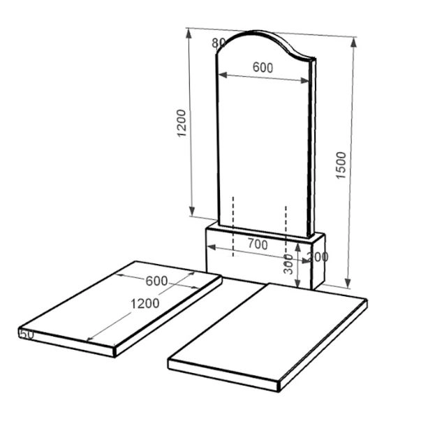 Розміри Гранітний пам'ятник широкий подвійний із чорного граніту Коростишів з хвилею різьблений к17-kor-npf-120-60-08-011