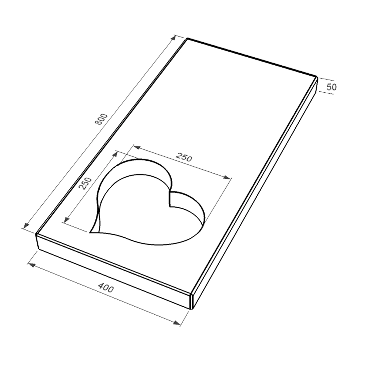 Размеры Надгробная плита правая 800x400x50 из гранита серия Сердце с неполированными фасками с неполированными торцами Коростышевского карьера pl-kor-npf-npt-80-40-05-SERCE-r