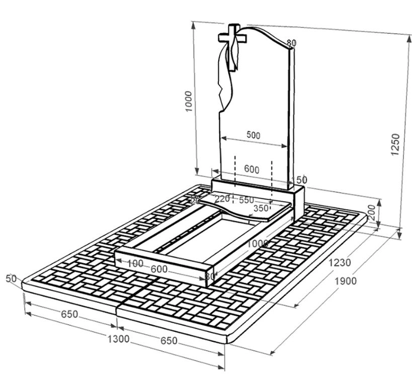 Розміри Гранітний пам'ятник середнього розміру одинарний із чорного граніту Коростишів з хвилею різьблений к5-kor-npf-100-50-08-142-pbd2
