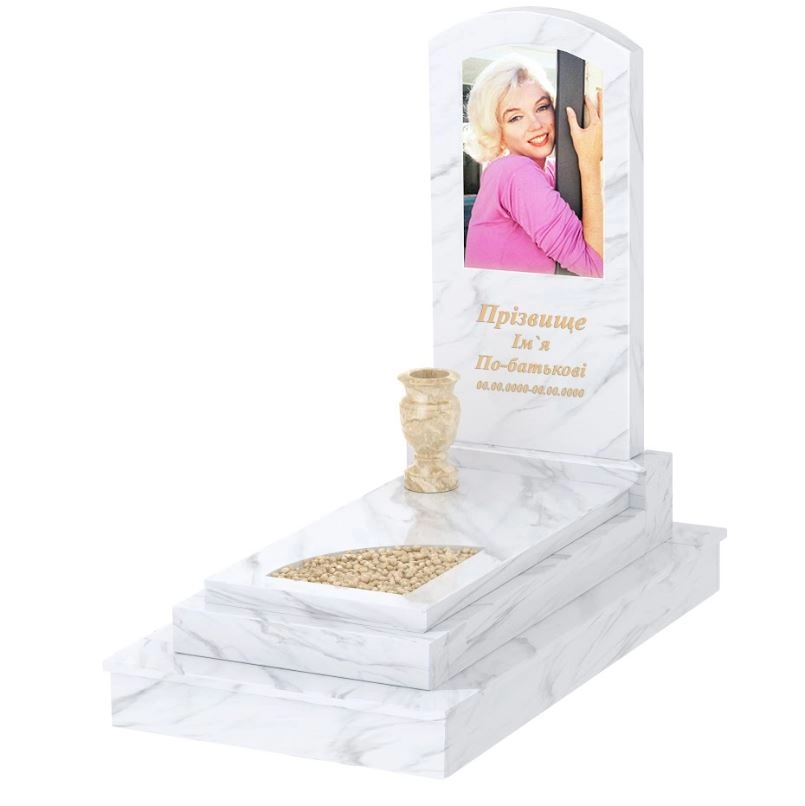 Основне Мармуровий пам'ятник з гробницею одинарний з білого мармуру Волокас з вирізаним куточком к24-vol-pf-100-50-08-009-ck