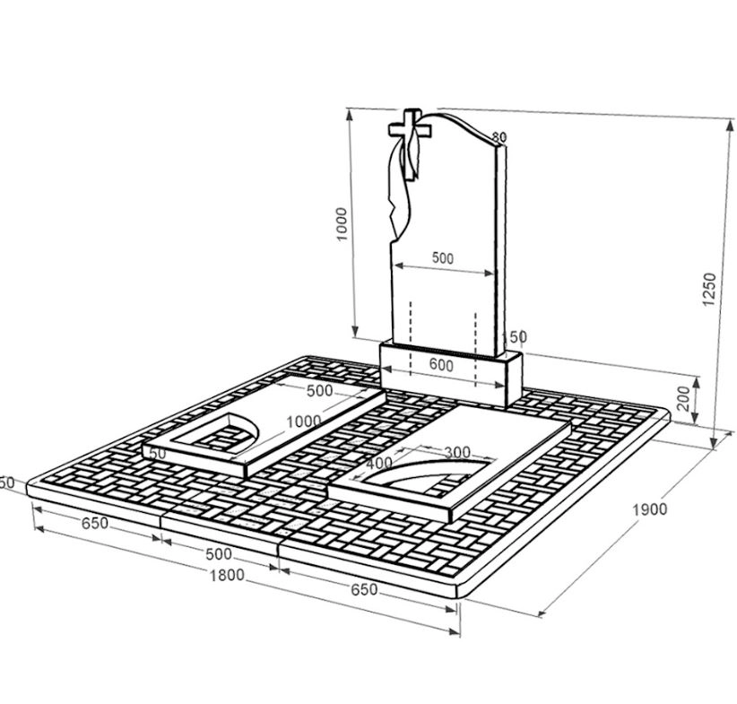 Размеры Надгробный памятник из гранита с вырезанным уголком двойной из черного гранита Коростышев к18-kor-pf-100-50-08-142-pbd2