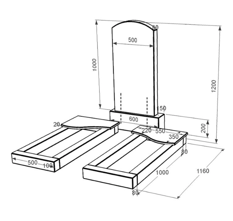 Розміри Пам'ятник із граніту з двома надгробками подвійний із чорного граніту Коростишів з хвилею різьблений к15-kor-npf-100-50-08-009