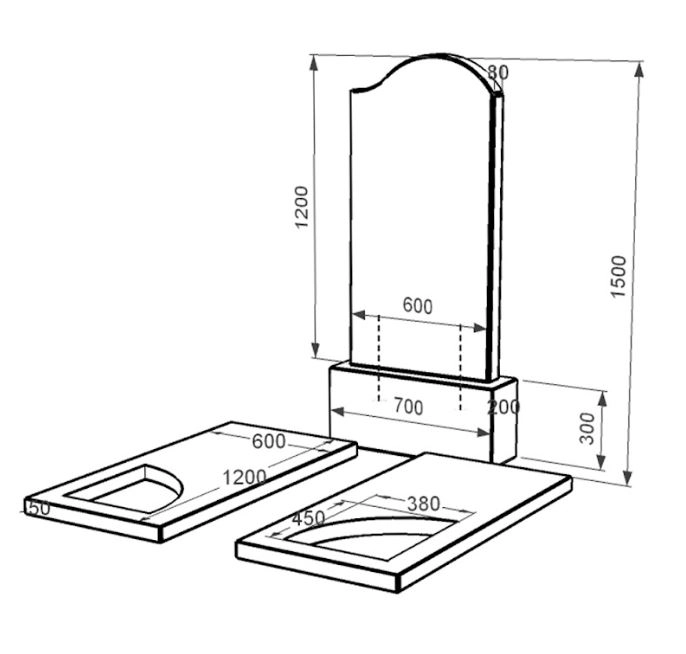 Розміри Пам'ятник на цвинтар з граніту сімейний подвійний із чорного граніту Коростишів з хвилею різьблений к18-kor-npf-120-60-08-011-r