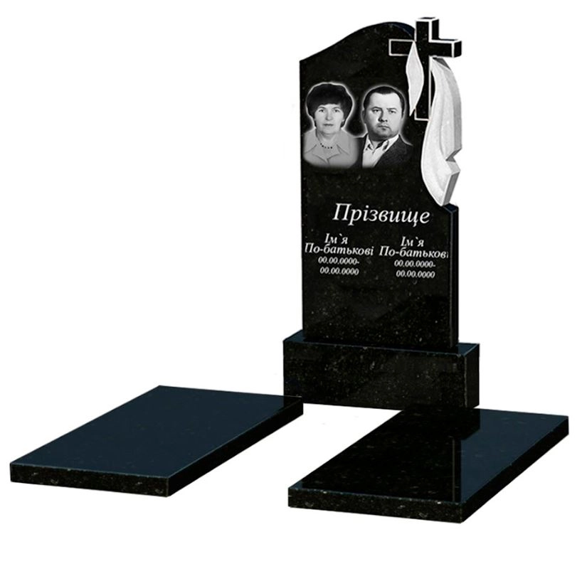 Основне Гранітний пам'ятник на могилу подвійний із чорного граніту Коростишів з хрестом та плащаницею різьблений к17-kor-pf-100-50-08-142-r