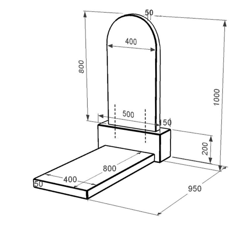 Розміри Гранітний пам'ятник на могилу з полукруглою стелою одинарний із чорного граніту Коростишів к7-kor-pf-80-40-05-006