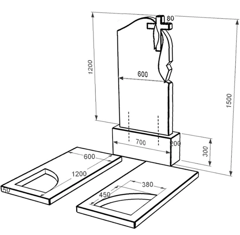 Розміри Граніт надгробок з вирізаним куточком подвійний із чорного граніту Коростишів к18-kor-npf-120-60-08-142-r