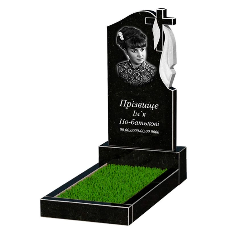 Основное Гранитный памятник стела 80x40 см одинарный из черного гранита Коростышев с крестом и плащаницей резной к2-kor-npf-80-40-05-142-r