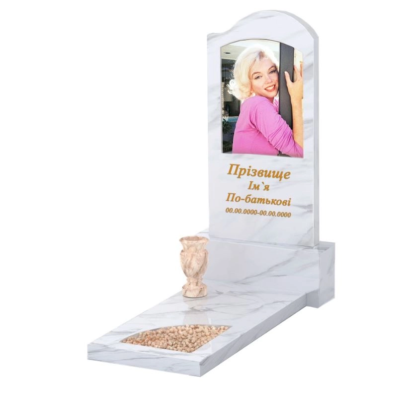 Основне Одинарний пам'ятник із мармуру з білого мармуру Волокас з хвилею різьблений з вирізаним куточком к9-vol-pf-80-40-05-011-r