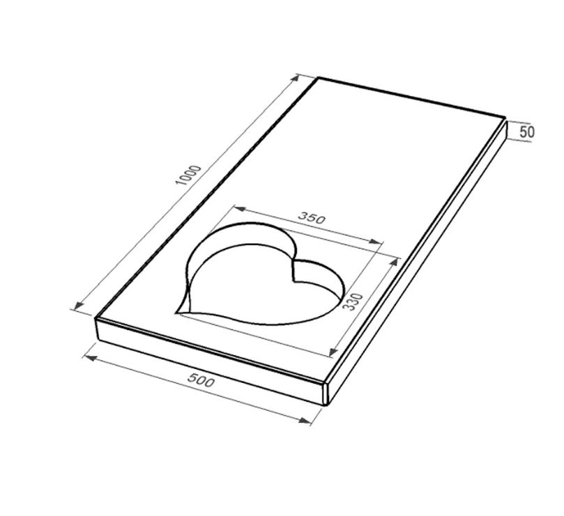 Размеры Надгробная плита бежевая 1000x500x50 из мрамора Дайна с полированными фасками серия Сердце правая pl-dan-pf-pt-100-50-05-SERCE-r