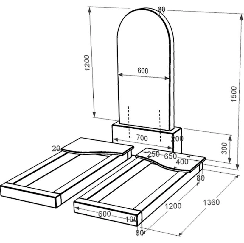 Розміри Гранітний пам'ятник чорний Коростишев подвійний з хвилею різьблений к15-kor-npf-120-60-08-006