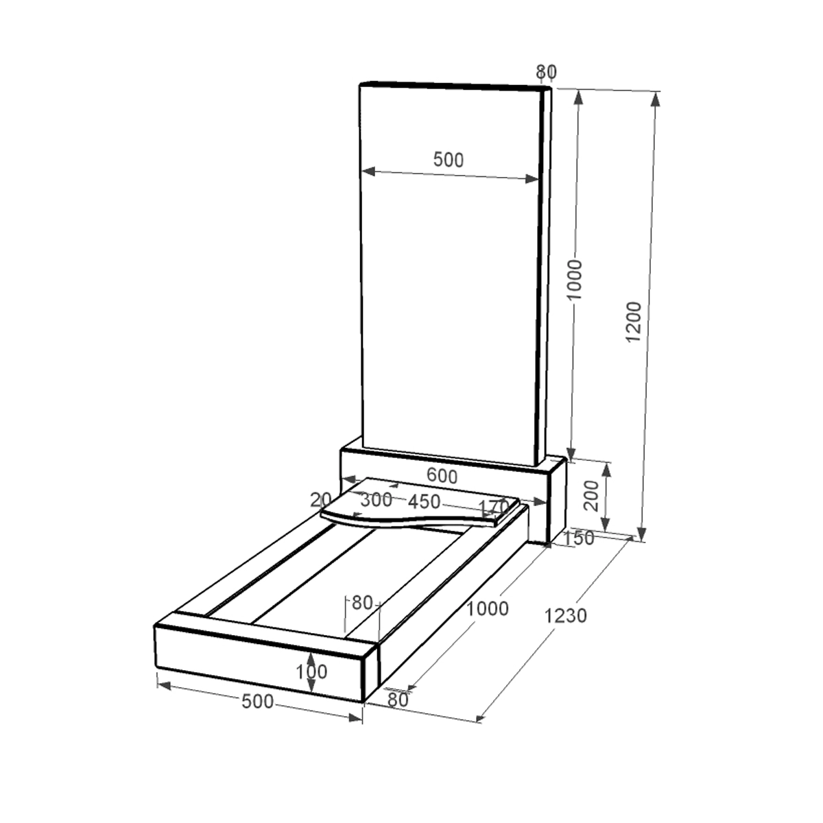 Розміри Гранітний надгробок з декоруванням штучним газаном одинарне із чорного граніту Коростишів з хвилею різьблене к4-kor-npf-100-50-08-001