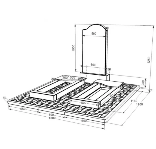 Размеры Гранитный памятник семейный двойной из черного гранита Коростышев с волной резной к15-kor-npf-100-50-08-011-r-pbd2