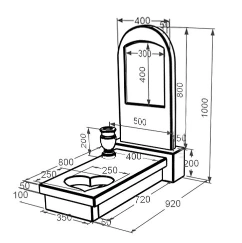 Розміри Мармуровий пам'ятник 100 см висотою одинарний з білого мармуру Волокас з полукруглою стелою к12-vol-pf-80-40-05-006