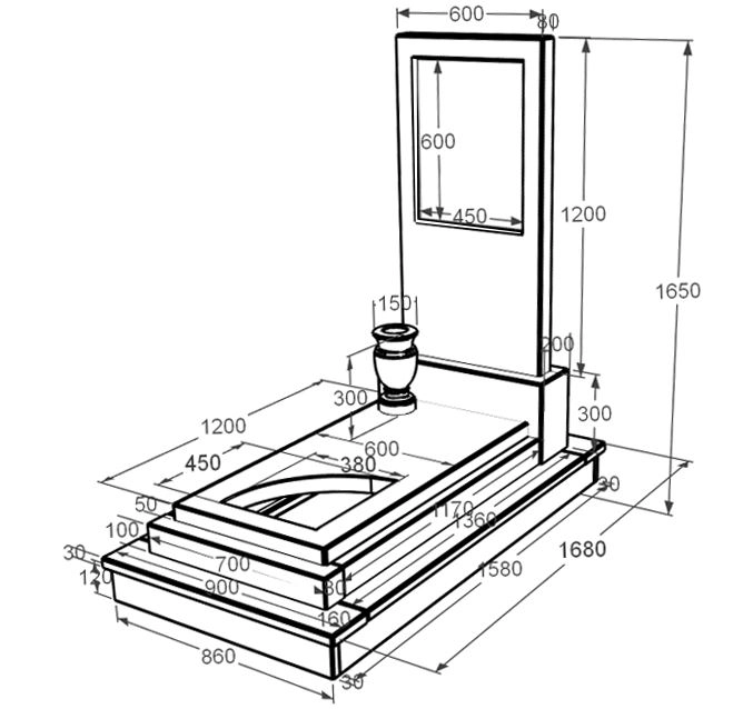 Розміри Мармуровий пам'ятник висотою 150 см одинарний з мармуру Дайна з вирізаним куточком к24-dan-pf-120-60-08-001-ck