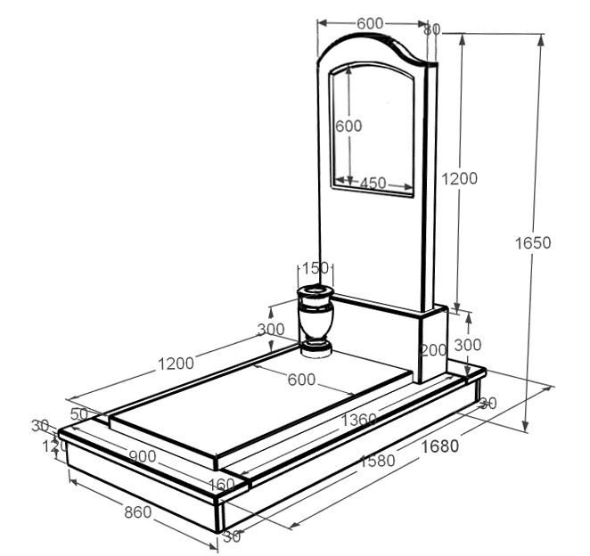 Розміри Мармуровий пам'ятник елітний одинарний з мармуру Дайна к7-dan-pf-120-60-08-011-l-ck