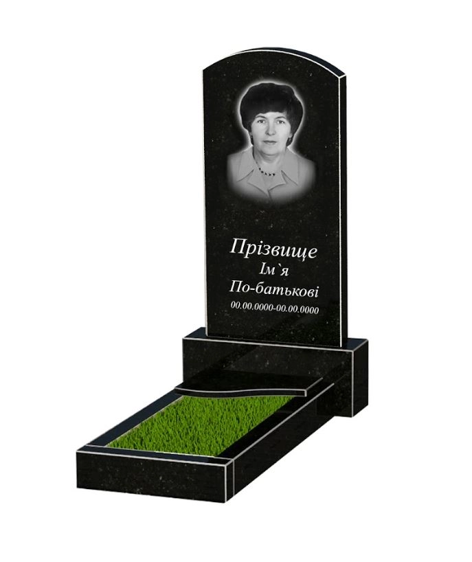 Основное Гранитный памятник с плитой на цветнике одинарный из черного гранита Коростышев с волной резной к4-kor-npf-80-40-05-009-l