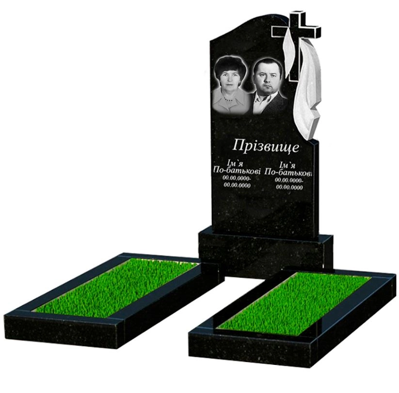 Основне Гранітна плита на могилу сімейний подвійний із чорного граніту Коростишів з хрестом та плащаницею різьблений к14-kor-pf-100-50-08-142-r