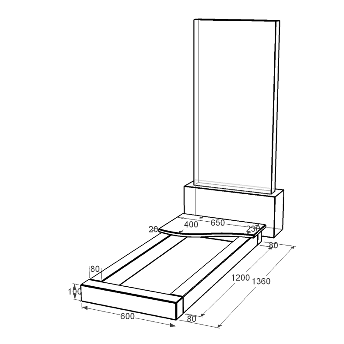 Размеры Цветник на могилу элитный 1360x600x100 из гранита серия Базис с неполированными фасками Коростышевского карьера cv-kor-npf-1360-600-4-volna-1-np