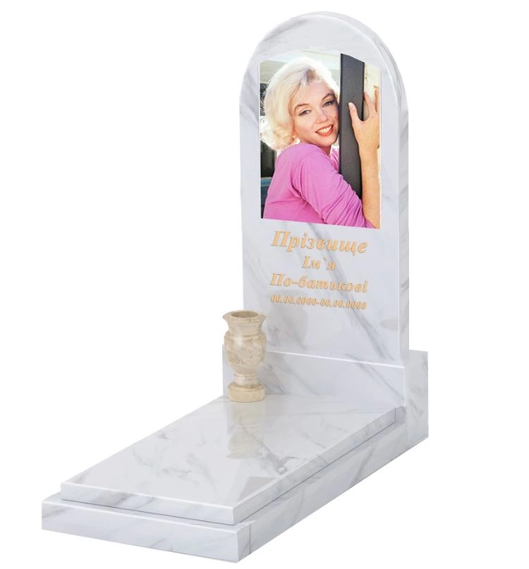 Основне Мармуровий пам'ятник великого розміру одинарнй з білого мармуру Волокас з полукруглою стелою к12-vol-pf-120-60-08-006