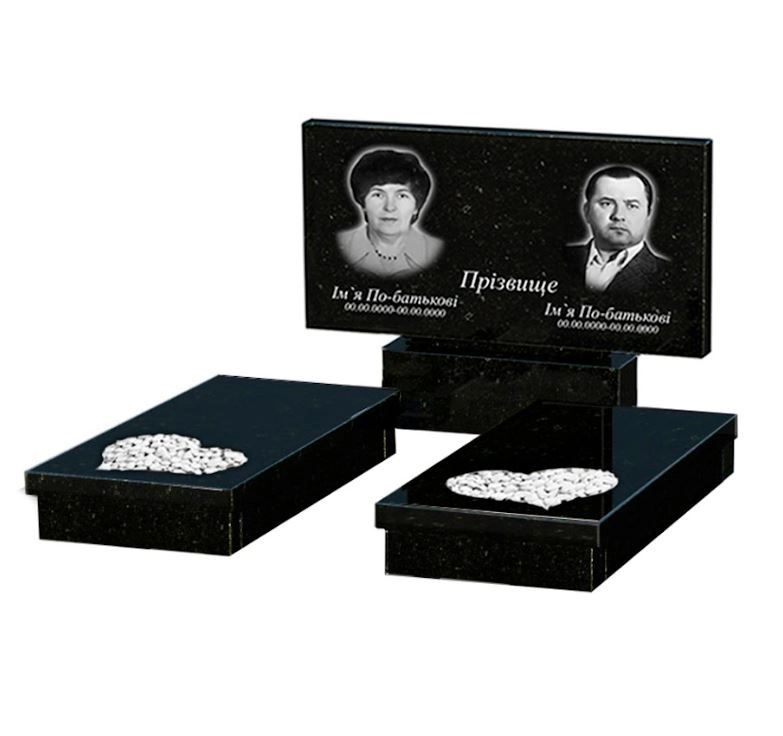 Основне Гранітний пам'ятник на могилу середнього розміру подвійний із чорного граніту Коростишів з серцем різьблена робота к20-kor-pf-50-100-08-001