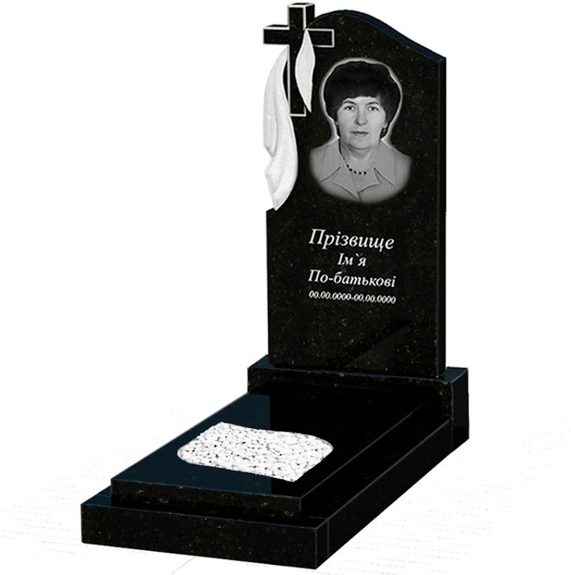 Основне Гранітний камінь на могилу 120 см висотою одинарний із чорного граніту Коростишів з листом різьблена робота к13-kor-pf-100-50-08-142