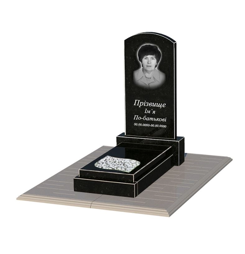 Основне Гранітний пам'ятник з надгробною плитою одинарний із чорного граніту Коростишів з листом різьблена робота к13-kor-npf-80-40-05-009-pbd1