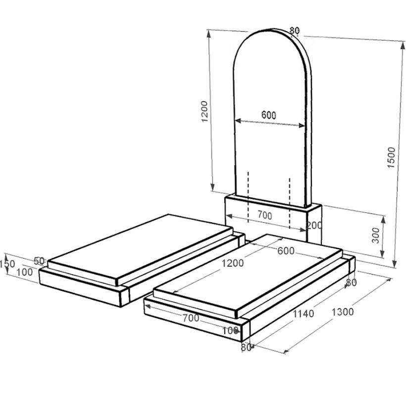 Розміри Гранітний пам'ятник габро подвійний із чорного граніту Коростишів з полукруглою стелою к21-kor-pf-120-60-08-006