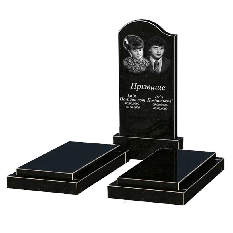 Основне Гранітний пам'ятник з гробницею подвійний із чорного граніту Коростишів з хвилею різьблений к21-kor-npf-100-50-08-011