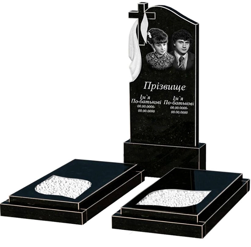 Основне Могильна плита із граніту широка подвійна із чорного граніту Коростишів з листом різьблена робота к22-kor-npf-120-60-08-142