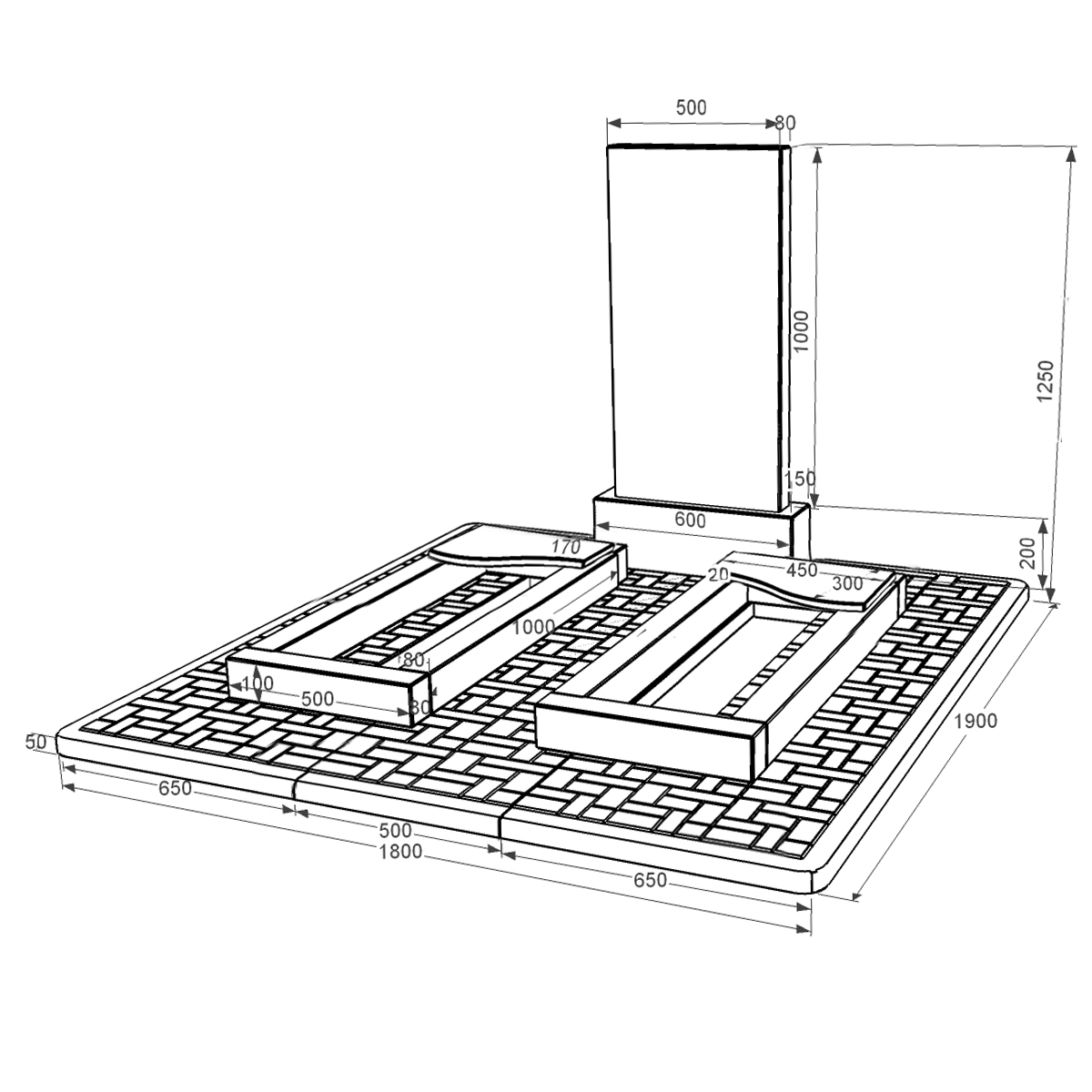 Розміри Гранітний пам'ятник з двома надгробками подвійний із чорного граніту Коростишів з хвилею різьблений к16-kor-npf-100-50-08-001-pbd2