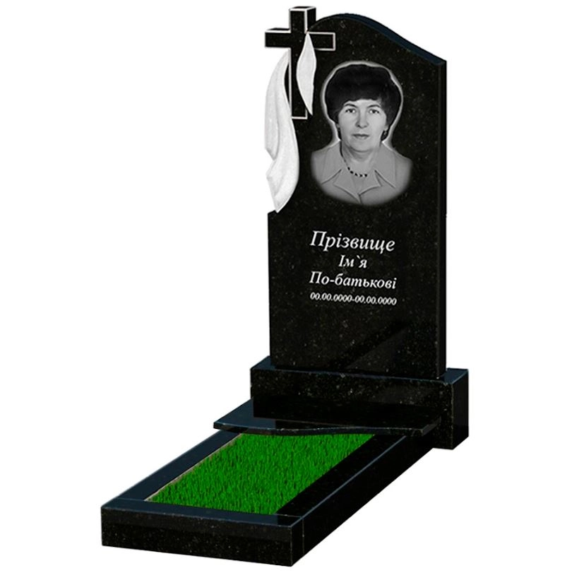 Основне Гранітна могильна плита фігурний одинарний із чорного граніту Коростишів з хвилею різьблений к3-kor-pf-100-50-08-142