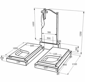 Розміри Гранітний пам'ятник поліровані фаски подвійний із чорного граніту Коростишів з листом різьблена робота к22-kor-pf-100-50-08-142