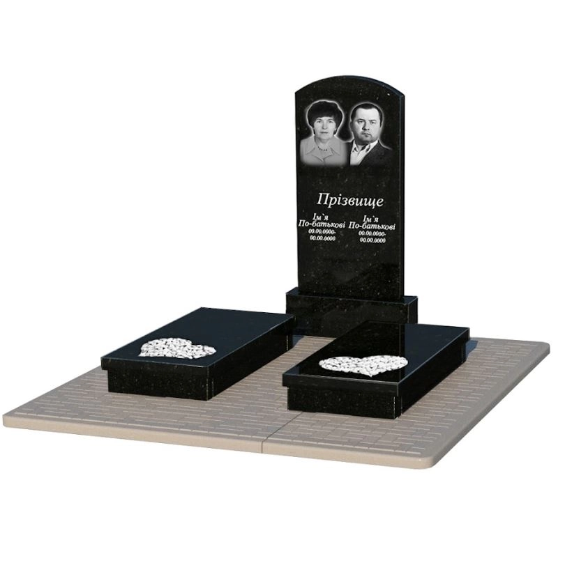 Основне Надгробний пам'ятник із граніту Коростишів подвійний з серцем різьблена робота із чорного граніту Коростишів Дуга 009 к20-kor-pf-100-50-08-009-pbd2