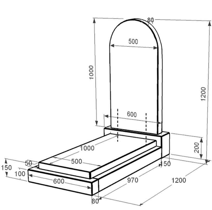Розміри Пам'ятник із граніту з полукруглою стелою одинарний із чорного граніту Коростишів к12-kor-pf-100-50-08-006