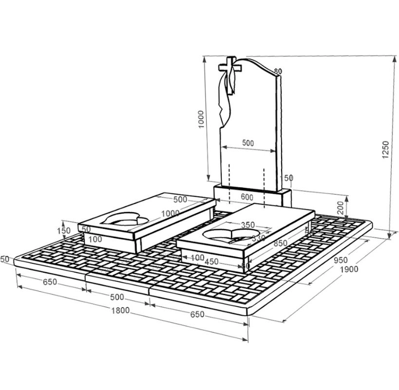 Размеры Памятник из гранита с противоусадочной плитой двойной из черного гранита Коростышев с сердцем резная работа к20-kor-pf-100-50-08-142-pbd2